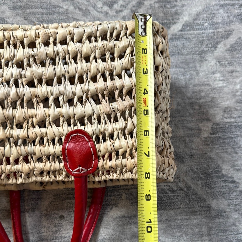 Woven Straw Tote with leather  Red Handles - Picture 6 of 8